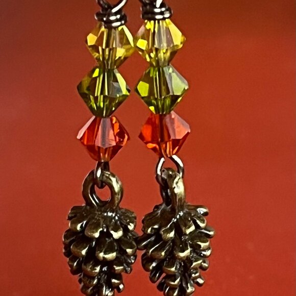 Pinecone Earrings: Swarovski Crystal & Antiqued Bronze, Woodland Jewelry - Picture 5 of 5